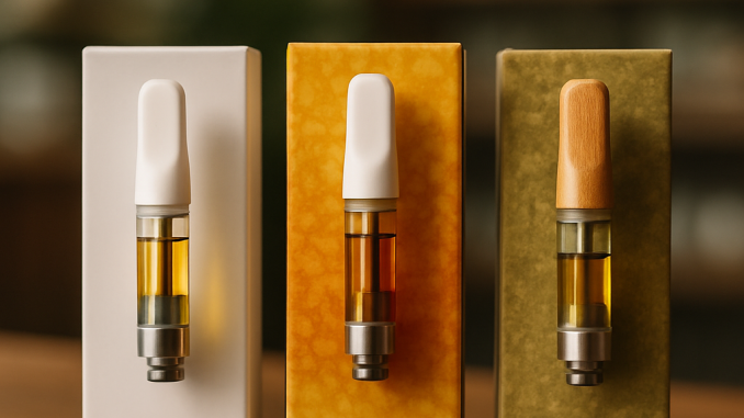 A comparison display of cannabis cartridges showing Distillate, Live Resin, and Rosin, each in