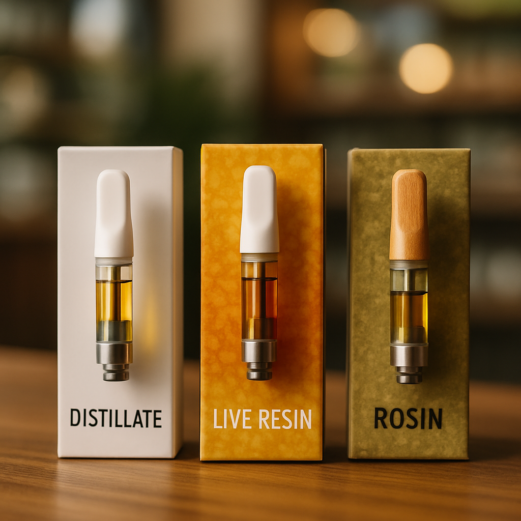 A comparison display of cannabis cartridges showing Distillate, Live Resin, and Rosin, each in