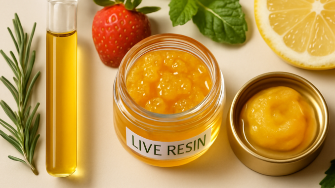 Flat lay of distillate, live resin, and rosin THC liquid formats with labels and