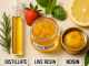 Flat lay of distillate, live resin, and rosin THC liquid formats with labels and