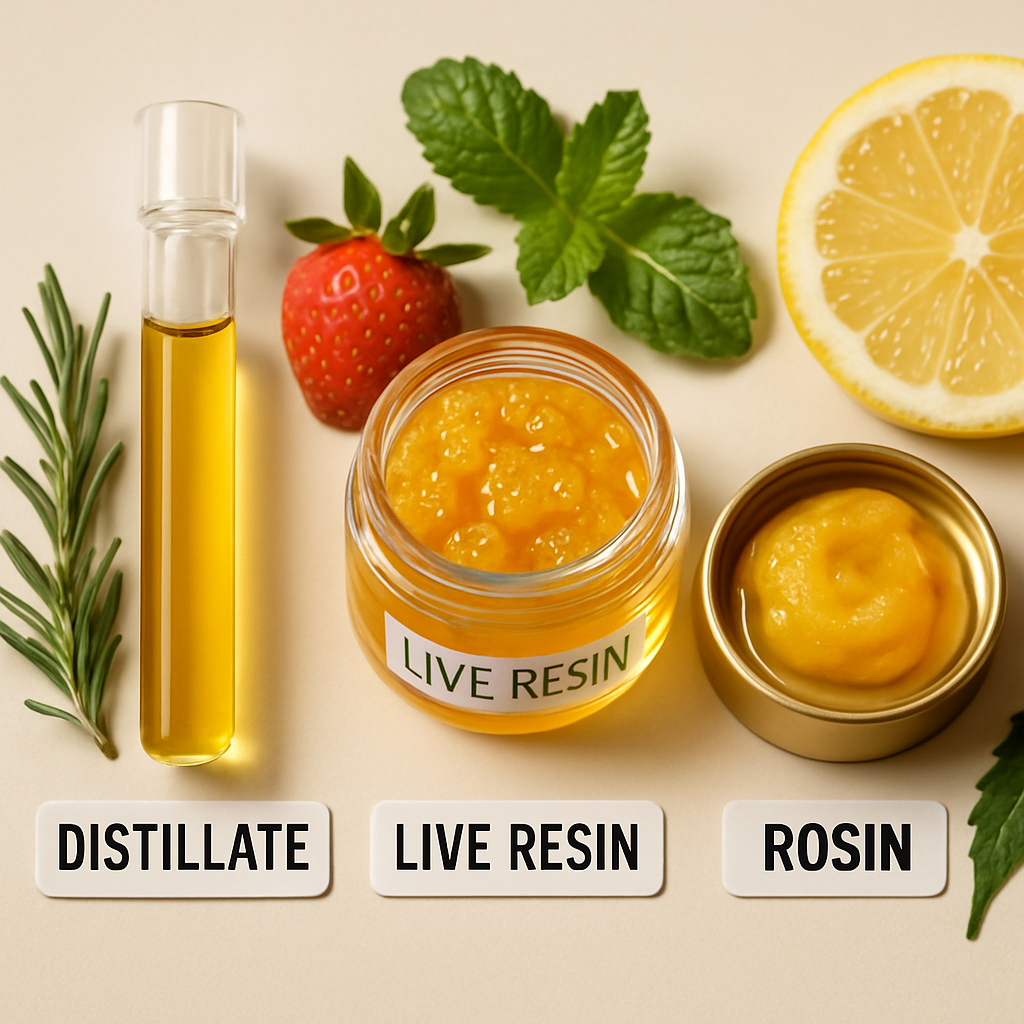 Flat lay of distillate, live resin, and rosin THC liquid formats with labels and